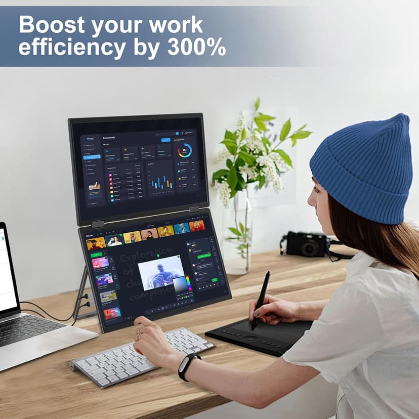 InnoView Laptop Screen Extender 15.6" Dual Portable Monitors 1080P FHD Stacked Folding Triple Monitor HDMI USB-C Portable Dual Monitor for Laptop Windows Mac (No Driver Needed)