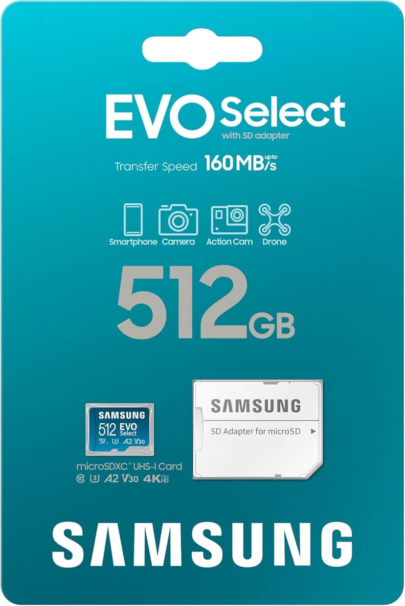 Samsung EVO Select microSDMemory Card + Adapter, 512GB microSDXC, Up-to 160 MB/s, 4K UHD, UHS-I, C10, U3, V30, A2, for Mobile Phone, Smartphones, Nintendo-Switch, and Tablets (MB-ME512SA/AM)