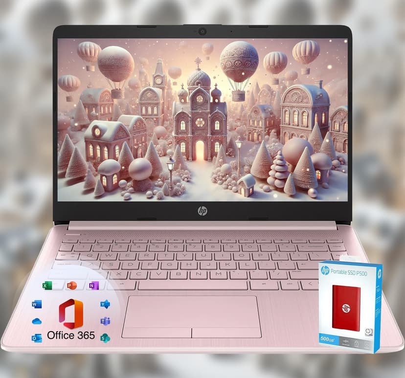 HP 14 Laptop • Back to School Limited Edition with Microsoft 365 • 4-Core Intel CPU • 8GB RAM •1600GB Storage (64GB OnBoard + 512GB P500 Portable SSD + 1TB OneDrive) • Pink • Win 11