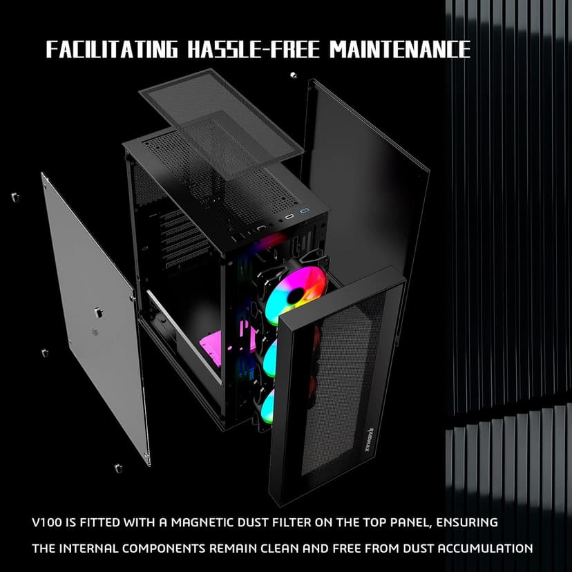 RAIDMAX V100 Gaming Case with 4 Pre-Installed Rainbow Fans, ATX Mid Tower Case, Gaming PC Black (V100TBS)