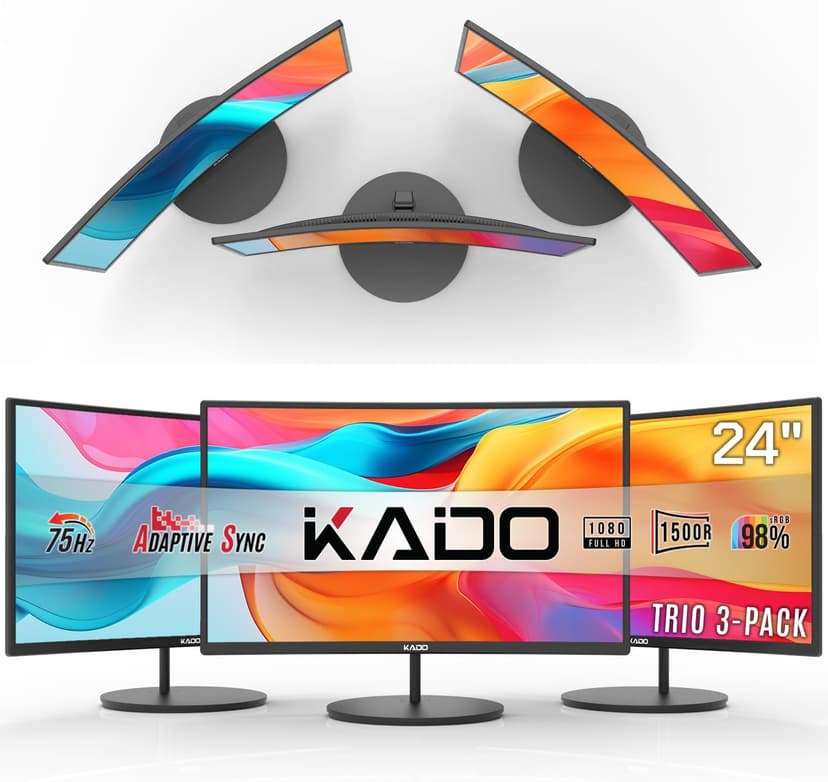 Kado Triple Monitor Setup - 3-Pack 24" 1920x1080 Curved Computer Monitor 1500R 75Hz VESA Mount HDMI Office Gaming Hybrid Sim Racing Built-in Speakers (C24 Trio Series)