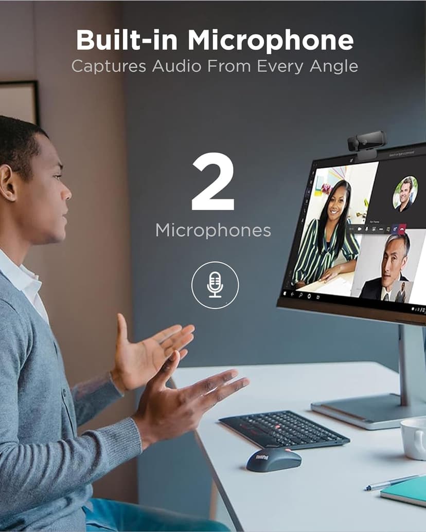 Lenovo Essential Full HD 1080P Webcam, Dual Microphone, No Driver 1.8m USB 2.0, Wide-Angle, Tilt-Control, 360-Degree Rotation, Black