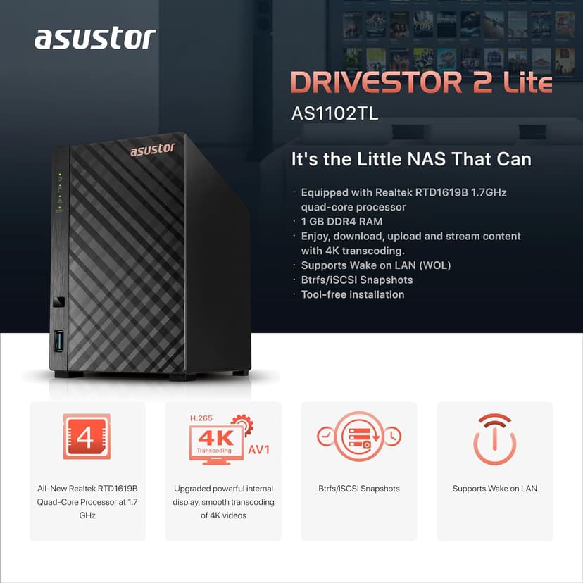 Asustor Drivestor 2 Lite AS1102TL, 2 Bay NAS Enclosure Network Storage, 1.7GHz Quad Core, 1GbE Port, 1GB RAM DDR4, Network Attached Storage for Cloud Storage (Diskless)