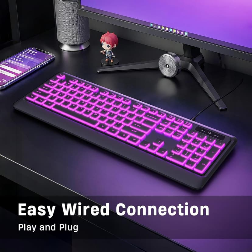 Backlit Wired Keyboard, USB Lighted Computer Keyboards with 7 Colors Backlight, Full Size Silent Keyboard with Media Hotkey for Windows Desktop, PC, Laptop (Black, M)