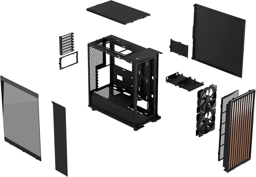 Fractal Design North Charcoal Black Tempered Glass Dark - Genuine Walnut Wood Front - Glass Side Panel - Two 140mm Aspect PWM Fans Included - Type C USB - ATX Airflow Mid Tower PC Gaming Case