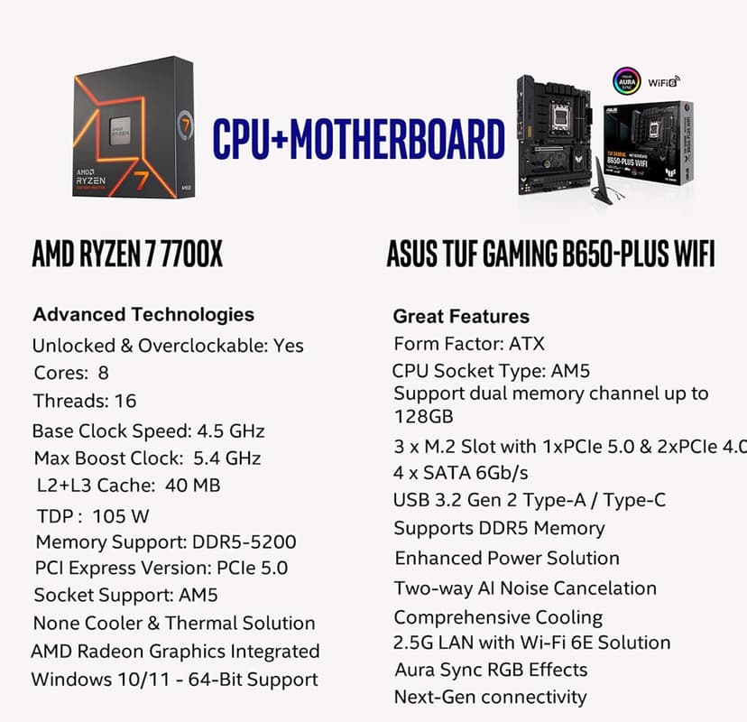 MICRO CENTER AMD Ryzen 7 7700X Desktop CPU Processorwith ASUS TUF Gaming B650-PLUS WiFi DDR5 PCIe 5.0 ATX Gaming Motherboard