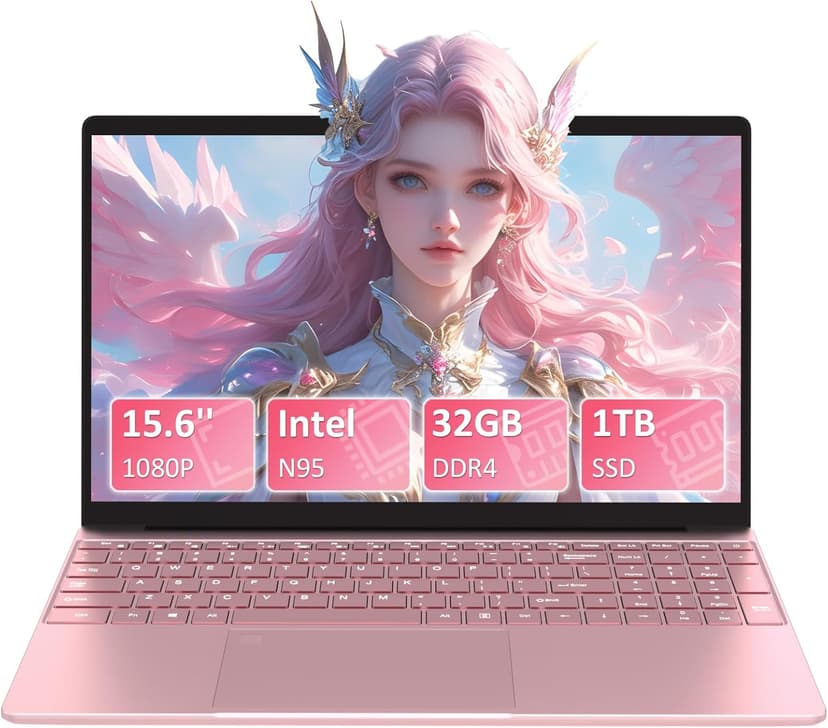32GB RAM 1TB SSD Pink Laptops Computer, N150 up to 3.60GHz, 15.6" FHD Display, 8000mAh Battery, Backlit Keyboard, Fingerprint, Win11 Pro for School, Zoom, Streaming, and Travel 2 Year Warranty
