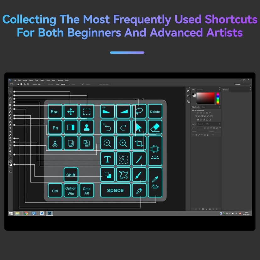 Doohoeek Bluetooth Shortcut Keyboard for Adobe Photoshop for PC Computer, Desktop, iPad & MacBook, PS Shortcut Hotkeys Keypad Rechargeable with 7-Color Backlit Key for MacOS, iOS & Windows