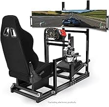 Anman Aluminum Profile Racing Simulator Cockpit with Triple Monitor Mount Black Seat,for Logitech/Thrustmaster/Fanatec Direct Drive Steering Wheel, GPRO T818,Multi Adjustable Universal cockpit
