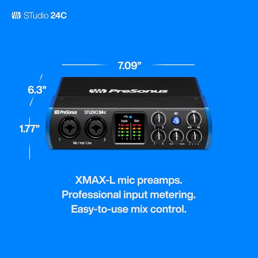 PreSonus Studio 24c 2x2, 192 kHz, USB Audio Interface with Studio One DAW Recording Software