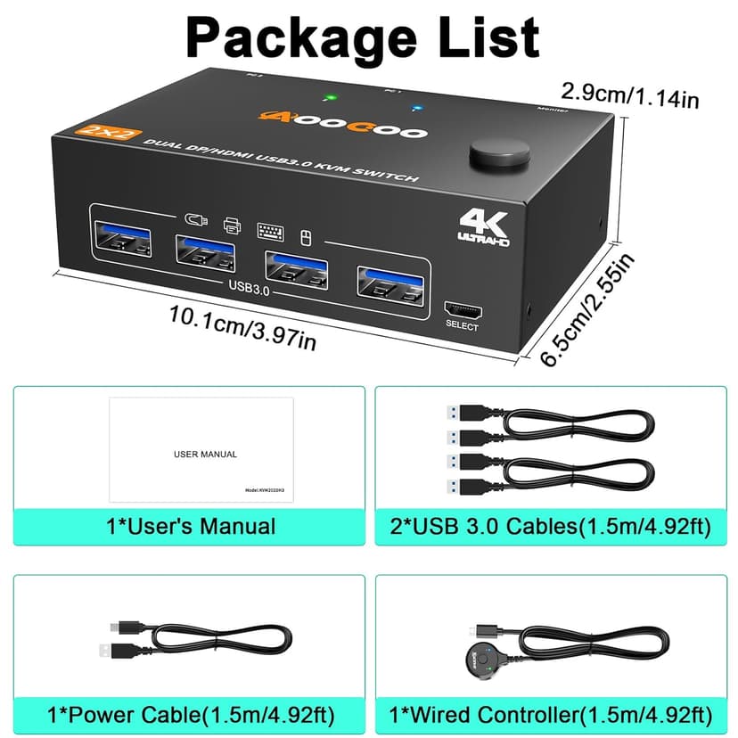 HDMI Displayport KVM Switch 2 Monitors 2 PC 4K@60Hz/2K@120Hz KVM Switches with USB 3.0 Port,Wired Remote and USB3.0 Cables Included