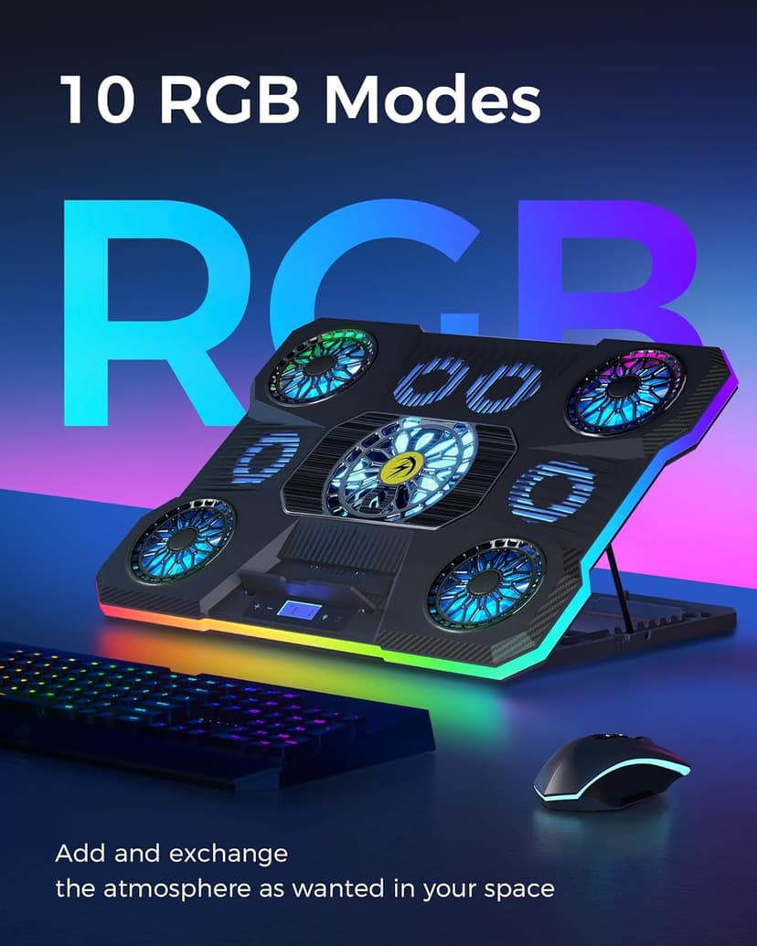 ChillCore Laptop Cooling Pad, RGB Lights Laptop Cooler 9 Fans for 15.6-19.3 Inch Laptops, Gaming Laptop Fan Cooling Pad with 8 Height Stands, 2 USB Ports - A21 Blue
