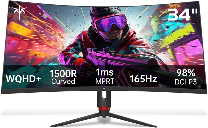 34'' Curved Ultrawide Gaming Monitor, 21:9, 3440x1440p 165Hz 1ms, 1500R Curved Monitor, Freesync G-sync, Picture by Picture,PIP, Height/Tilt/Swivel/Pivot