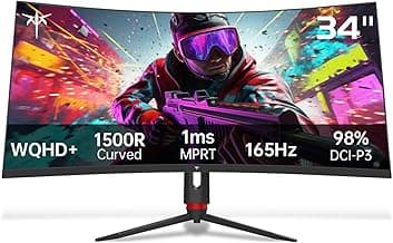 34'' Curved Ultrawide Gaming Monitor, 21:9, 3440x1440p 165Hz 1ms, 1500R Curved Monitor, Freesync G-sync, Picture by Picture,PIP, Height/Tilt/Swivel/Pivot