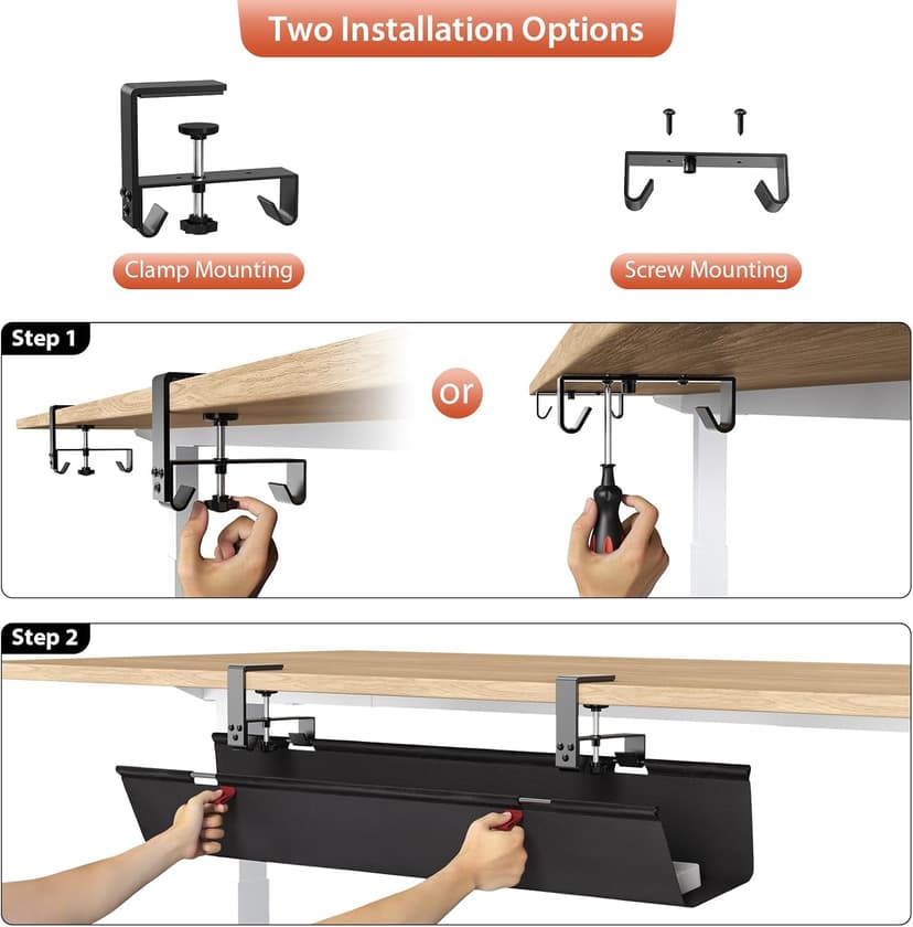 Univivi No Drill Under Desk Cable Management Tray, 36" Cord Organizer for Table, Clamp/Screw Mount Desk Cable Management, Premium Fabric Cable Management Tray for Office, Home