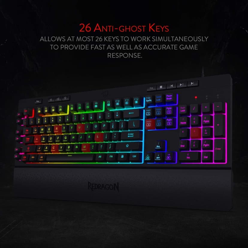 Redragon K512 Shiva RGB Backlit Membrane Gaming Keyboard with Multimedia Keys, Linear Mechanical-Feel Switch, 6 Extra On-Board Macro Keys, Dedicated Media Control, Detachable Wrist Rest