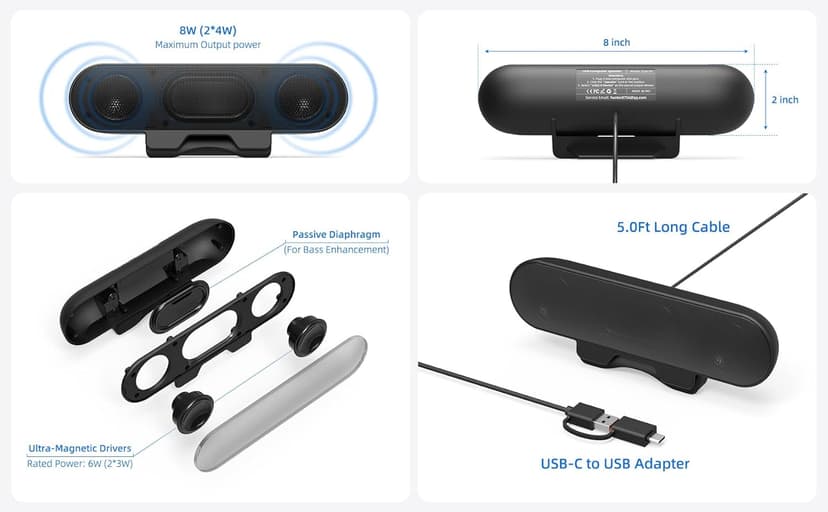 Computer Speakers for Desktop PC Monitor, External Speakers for Laptop, USB-Powered, Plug-n-Play, Wired, Clip-On, Small Computer Soundbar for PC, with Loud Sound, Rich Bass, G-Sensor, USB-C Adapter