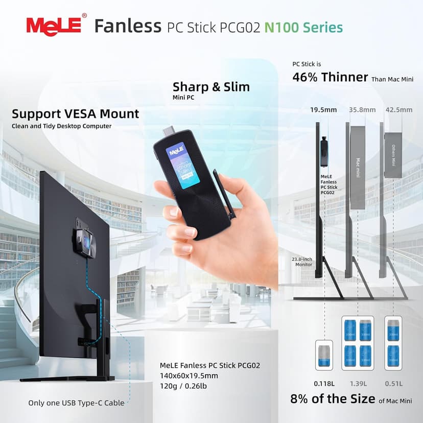 MeLE PCG02 N100 Slim Mini PC Stick Windows 11 Home 4GB/128GB, Full Function USB-C Fanless Mini Computer Stick 2X HDMI 4K Display 2.4/5G WiFi BT5.1 GbE Micro PC with Vesa, on Office IoT Digital Signage