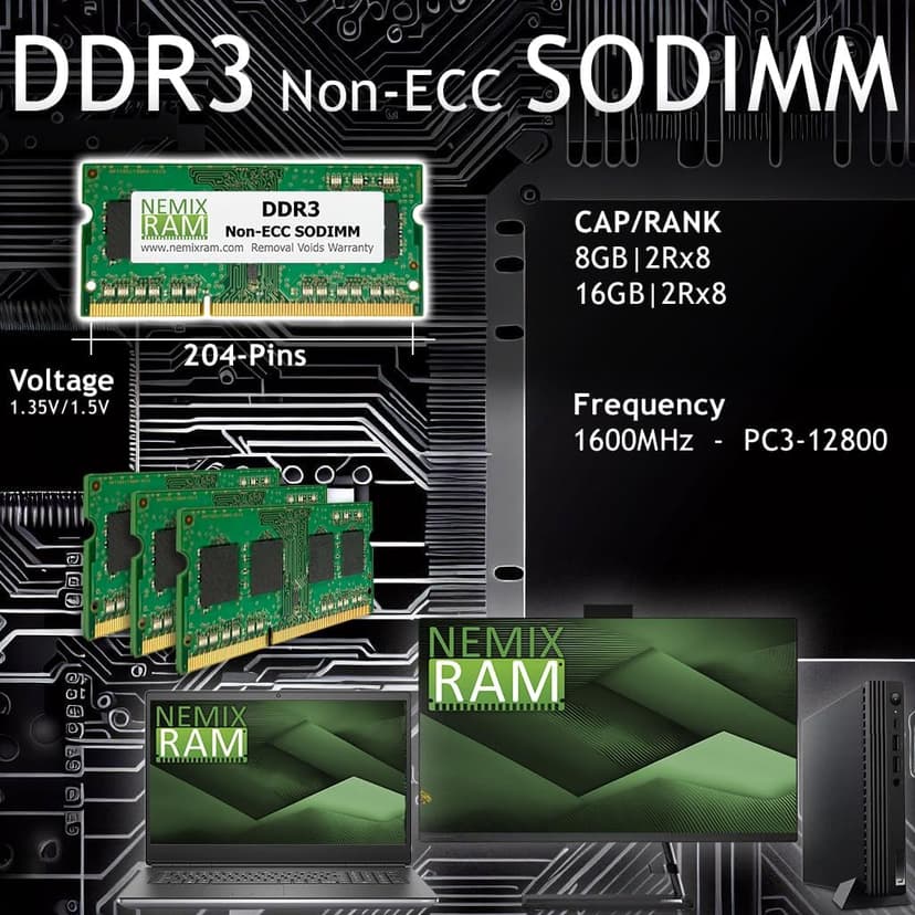 NEMIX RAM 8GB (1X8GB) DDR3 1066MHZ PC3-8500 2Rx8 1.5V 204-PIN Non-ECC SODIMM Laptop PC Memory