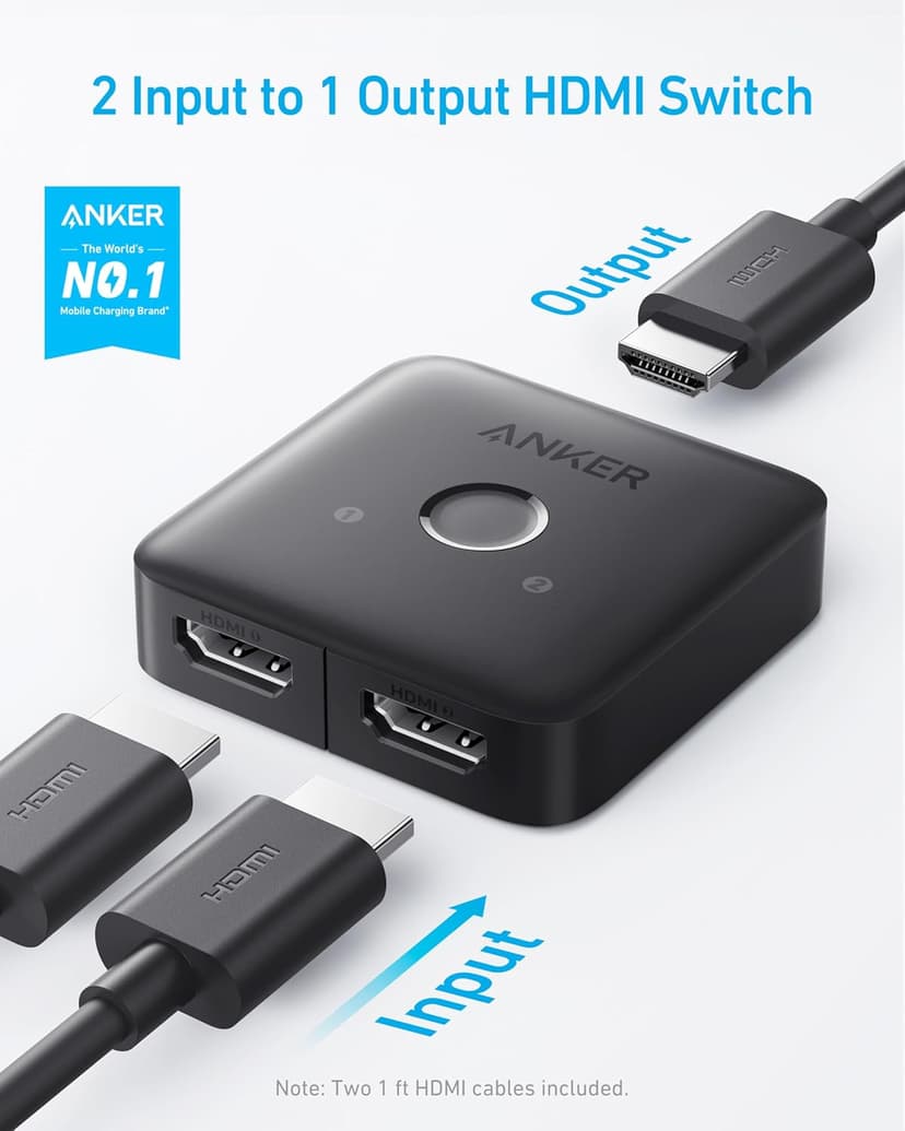 Anker HDMI Switch with 2 Pack 1ft HDMI 2.0 Cable, 4K@60Hz HDMI-Splitter, 2 in 1 Out with Smooth Finish, Supports HDR, Dolby, Compatible with Laptops, PC, Xbox Series, PS5 / PS4, Projector, and More