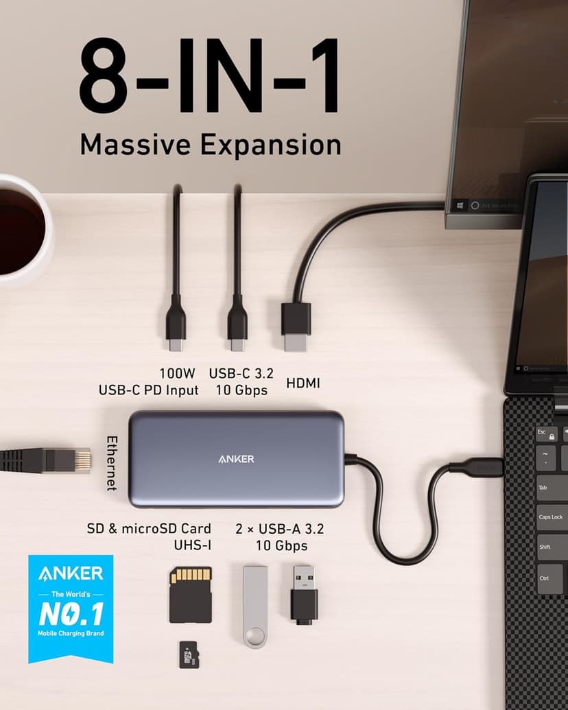 Anker 555 USB-C Hub (8-in-1), with 85W Power Delivery, 4K 60Hz HDMI Port, 10Gbps USB C and 2 A Data Ports, Ethernet microSD SD Card Reader, for MacBook Pro More