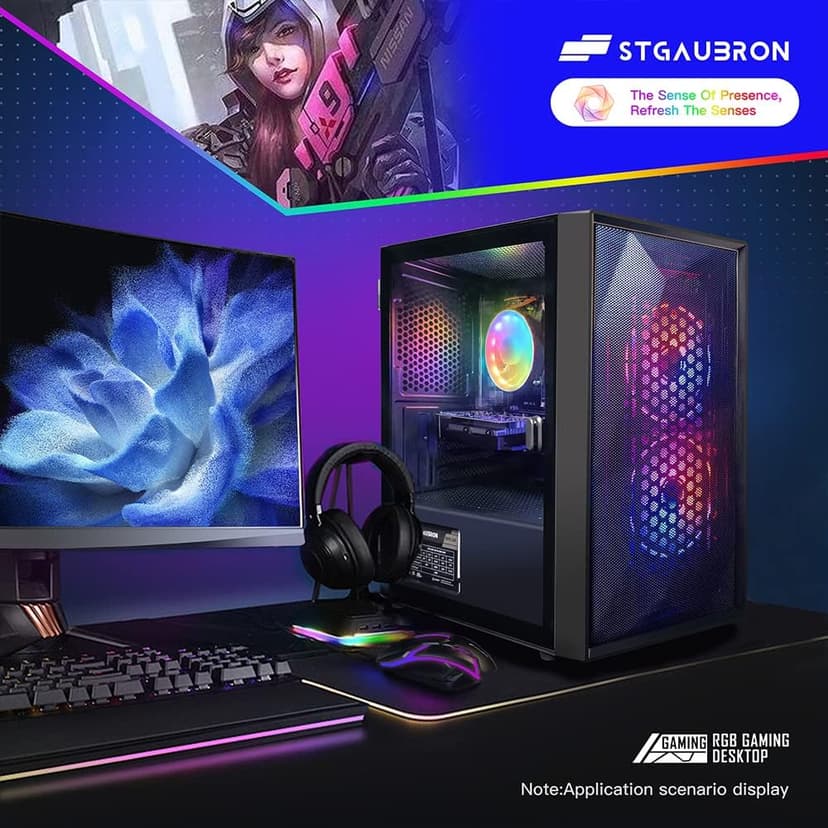 STGAubron Prebuilt Gaming PC Desktop, Radeon RX 550 4G GDDR5, Intel Core I5 up to 3.7GHz, 16G RAM, 512G SSD, WiFi, BT 5.0, RGB Fan x3, Windows 10 Home
