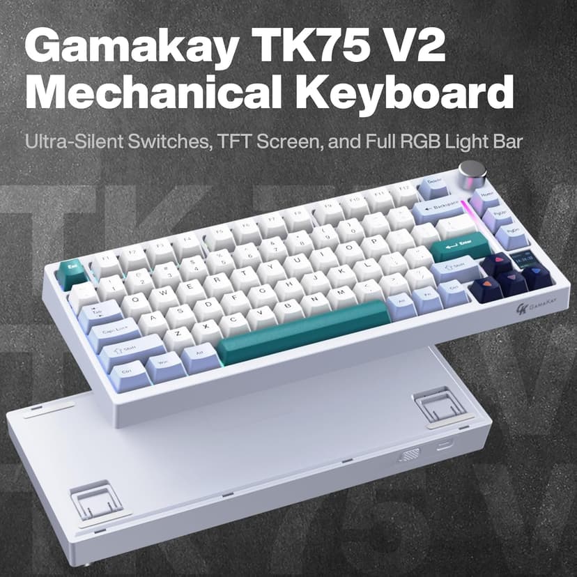 GK GAMAKAY TK75 V2 75% Silent Mechanical Keyboard with TFT Screen, Hot Swap RGB Bluetooth 5.0/2.4GHz Wireless/USB-C Wired PBT Cherry Profile Keycaps Gaming Keyboard (GamaKay Pegasus Switch)
