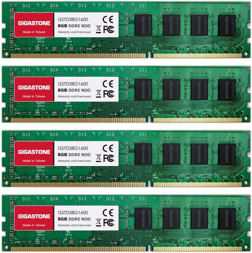【DDR3 RAM】 GIGASTONE 32GB Kit (4x8GB) DDR3/DDR3L 1600MHz (1333MHz) PC3-12800 (PC3-10600) CL11 1.35V/1.5V 2Rx8 UDIMM 240 Pin Unbuffered Non ECC High Performance PC Desktop Memory Upgrade