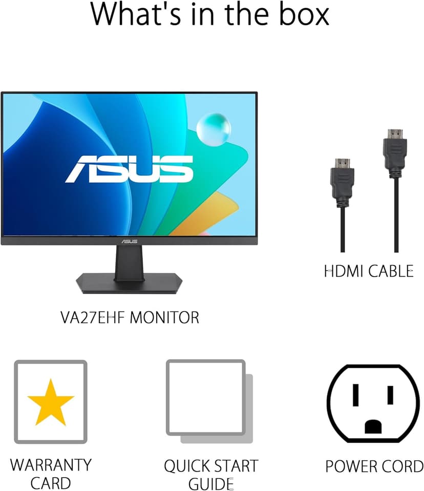 ASUS 27 Inch Monitor - 1080P, IPS, Full HD, Frameless, 100Hz, 1ms, Adaptive-Sync, for Working and Gaming, Low Blue Light, Flicker Free, HDMI, VESA Mountable, Tilt - VA27EHF,Black
