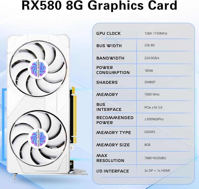 RX 580 Graphics Card 8GB 2048SP GDDR5 256 Bit PC Gaming Video Card 3*DP 1*HDMI PCI Express 3.0 with Freeze Fan Stop for Desktop Computer GPU for Gaming PC