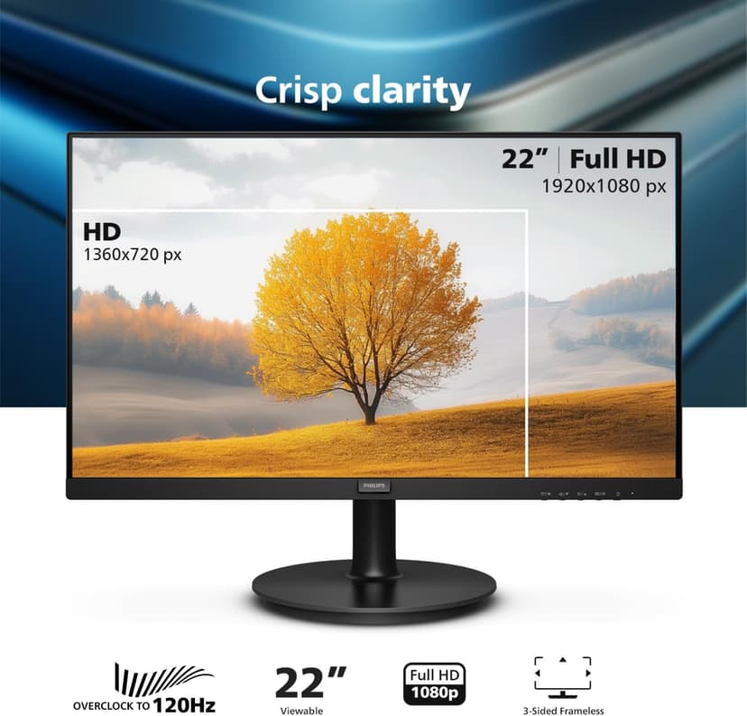 Philips 221V8LB3 22'' Class Thin Full HD Monitor (1920 x 1080), 120Hz with 1ms MPRT for Casual Gaming, Adaptive Sync, LowBlue Mode, VESA Mount, HDMI & VGA, 4-Year Advance Replacement Warranty