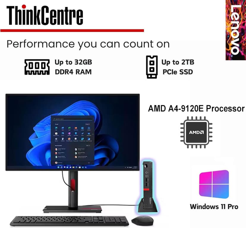 Lenovo ThinkCentre Mini Business Desktop, 16GB RAM, 256GB SSD, AMD Dual-Core Processor, Dual-Display Support, Wi-Fi, Bluetooth, USB, RJ-45, Keyboard&Mouse Included, Windows 11 Pro, Just 1 Liter Volume