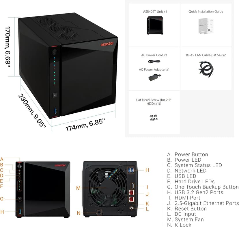 Asustor AS5404T, 4 Bay NAS, Intel Quad-Core 2.0GHz CPU, 4x M.2 NVMe SSD Slots, 2 x 2.5 GbE Ports, 4 GB DDR4 RAM, Network Attached Storage (Diskless)