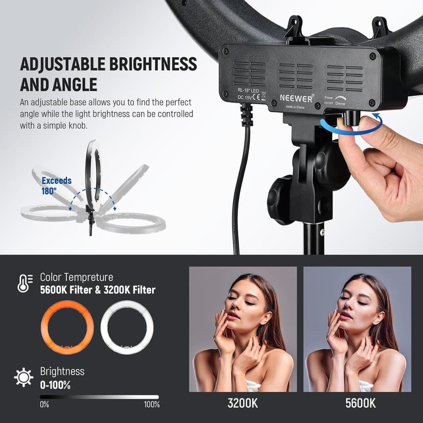 NEEWER Ring Light 18inch Kit: 55W 5600K Professional LED with Stand and Phone Holder, Soft Tube & Bag for Tattoo Lash Extension Barber Makeup Artist Studio Video Photography Lighting, RL-18