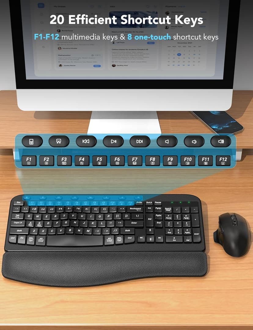 Wireless Keyboard and Mouse Combo, Ergonomic Wave Keys, Cushioned Plam Rest, Comfortable Silent Natural Typing, 2.4G Lag-Free, Full Size Keyboards Cordless Set for Multi-OS, Windows/Mac -SABLUTE