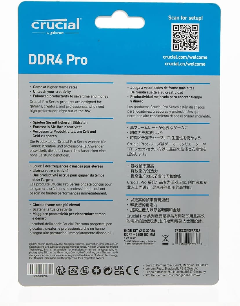 Crucial Pro 64GB DDR4 RAM Kit (2x32GB), 3200MHz (or 3000MHz or 2666MHz) Desktop Memory, Compatible with Intel and AMD Ryzen - CP2K32G4DFRA32A