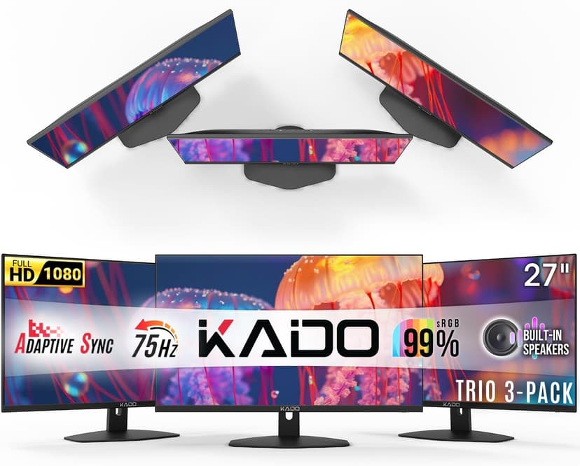 Kado Triple Monitor Setup - 3-Pack 27" 1920x1080 Computer Monitor 75Hz VESA Mount HDMI Office Gaming Hybrid Built-in Speakers (E27 Trio Series)