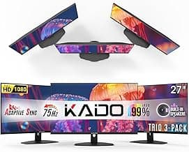 Kado Triple Monitor Setup - 3-Pack 27" 1920x1080 Computer Monitor 75Hz VESA Mount HDMI Office Gaming Hybrid Built-in Speakers (E27 Trio Series)