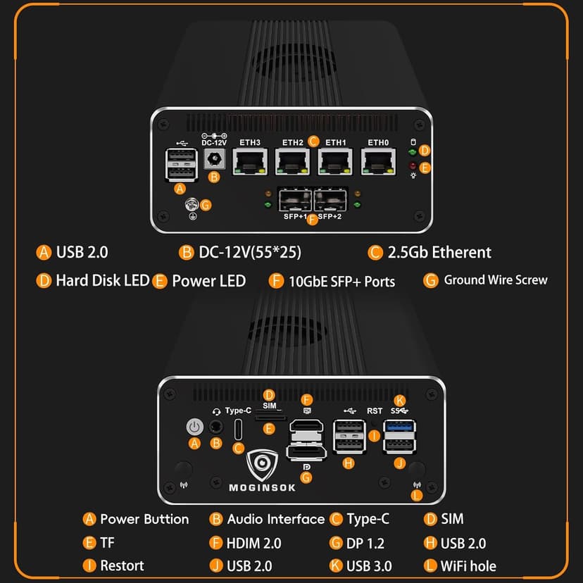 Micro Firewall Appliance 10GbE Mini PC with SFP+, Intel Alder Lake N100 (4C/4T) 4xIntel I226-V 2.5GbE 2*Intel 82599ES 10GbE Firewall LTE Router Support AES-NI 8GB DDR5 128GB NVMe SSD