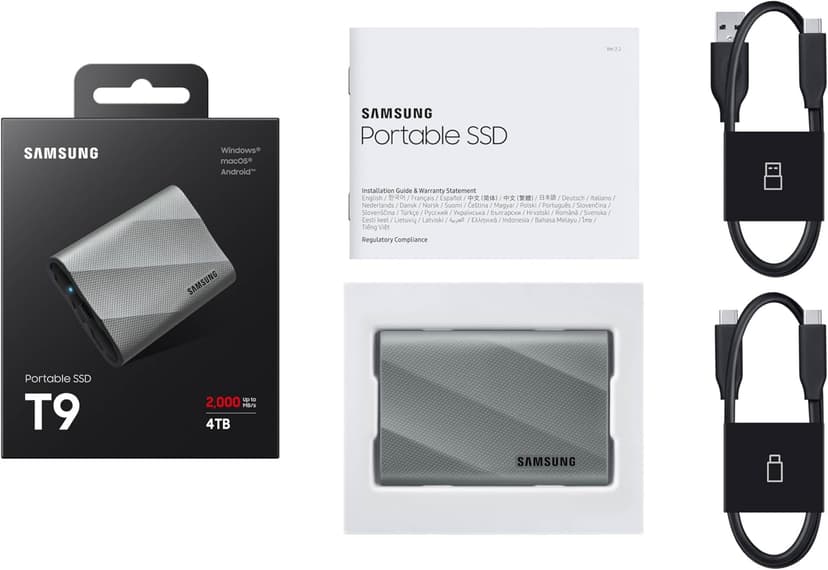 Samsung T9 2TB, Portable SSD, up to 2000MB/s, USB 3.2 Gen 2x2 (20Gbps) NVMe, Rugged, for Photographers, Content Creators and Gaming, External Solid State Drive (MU-PK2T0G/WW) Gray