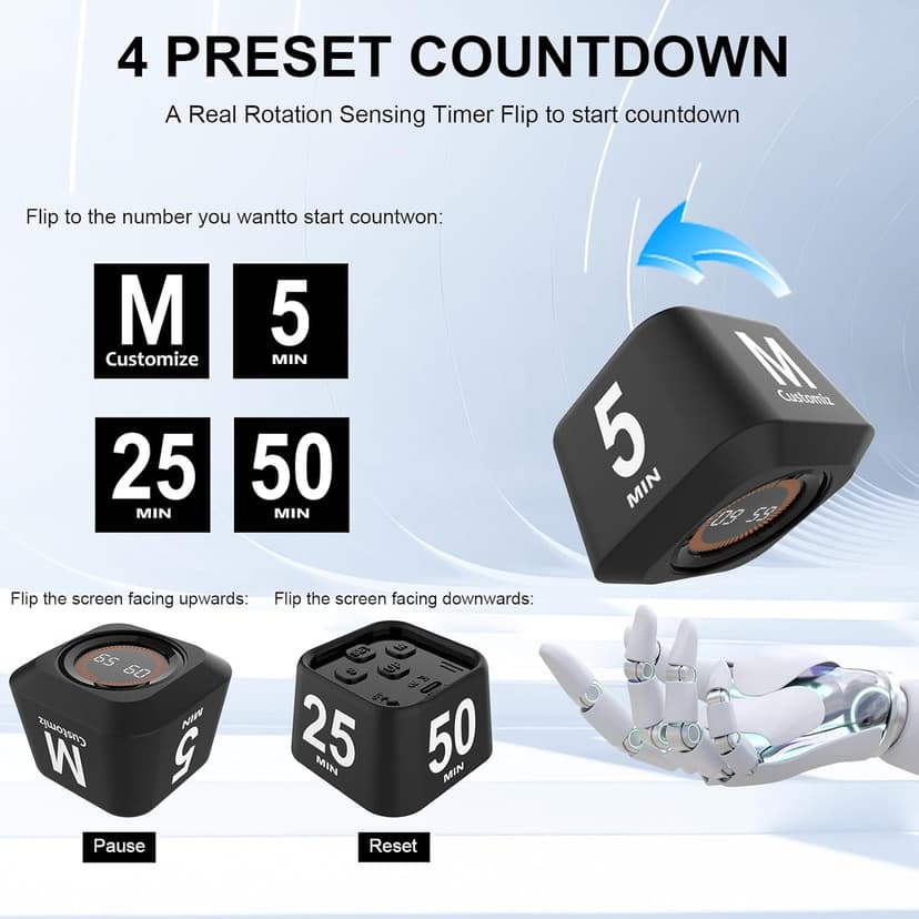 Rotating Cube Visual Timer 5, 25, 10, 50 Min Preset + Custom Countdown, Rechargeable Desk Productivity Flip Timer w/Silicone Case, Silent Mode, Ideal for ADHD Tool Study Work Kitchen School (Black)