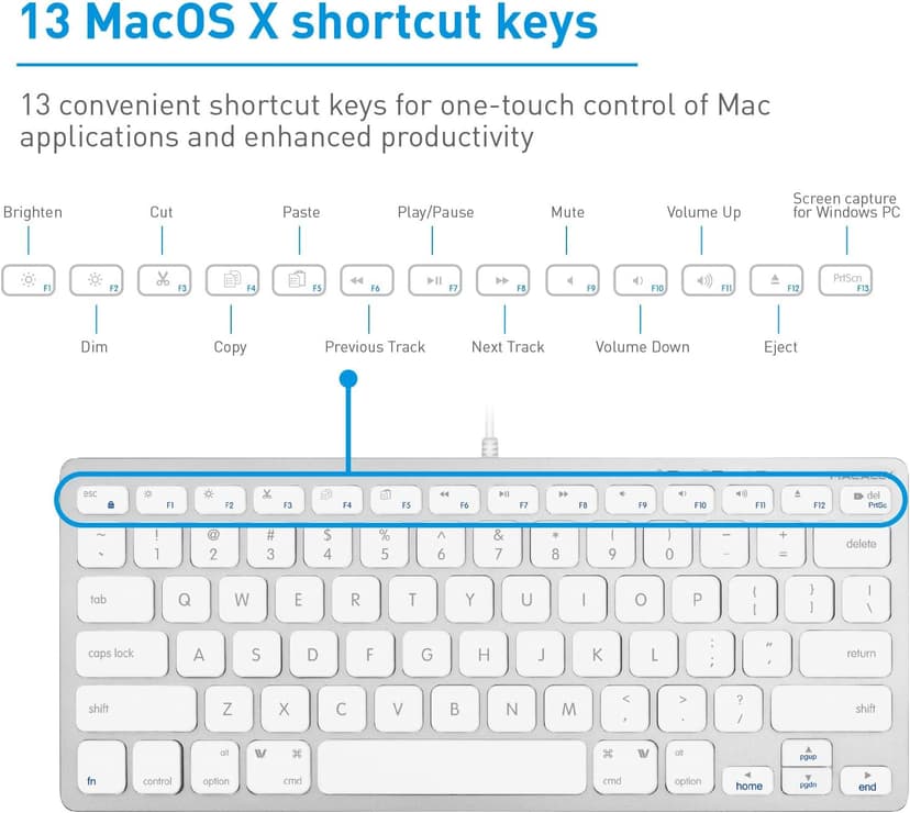 Macally Small Wired Keyboard for Mac and Windows - 78 Scissor Switch Keys Compatible Apple Keyboard - USB Mini Keyboard That Saves Space and Looks Great - Plug and Play Wired Mac Keyboard - Aluminum