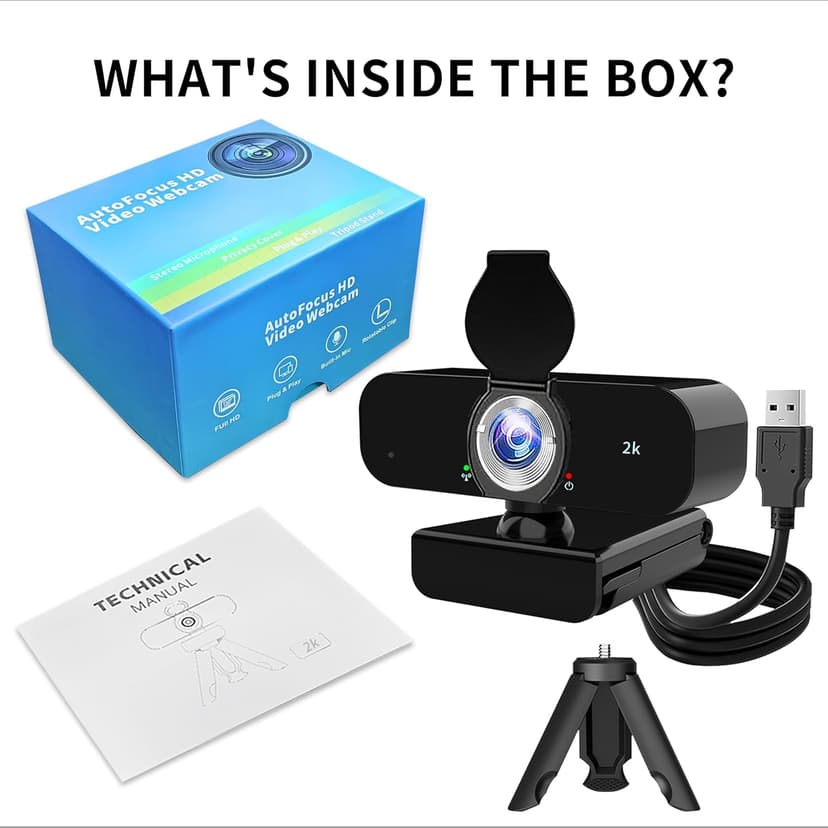 Webcam for PC, 2K Webcam with Noise-Canceling Mic, Tripod, Privacy Cover, 120°FOV, Auto Focus/Light Correction/Selfie Beauty, USB Web Camera for Streaming/Meeting/Video/Zoom/Broadcast/YouTube