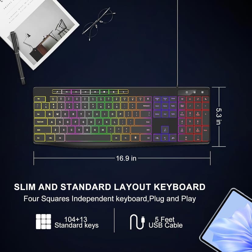 Computer Keyboard Wired,7-Color Rainbow LED Backlit, Quiet Light Up Keyboard with Multimedia Keys,Low Profile Chiclet Keys,Large Number Pad,Spill-Resistant, Anti-Wear Letters for Windows Mac PC Laptop