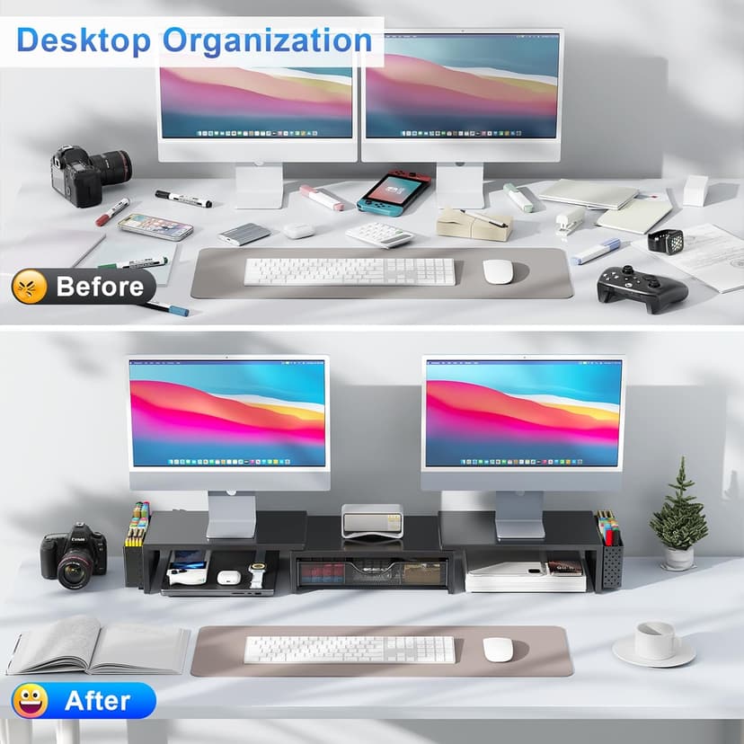 gianotter Dual Monitor Stand Riser, Desk Organizer With Drawer and 2 Pen Holders, Computer Monitor Stand, Desk Shelf for Top of Desk, Balck