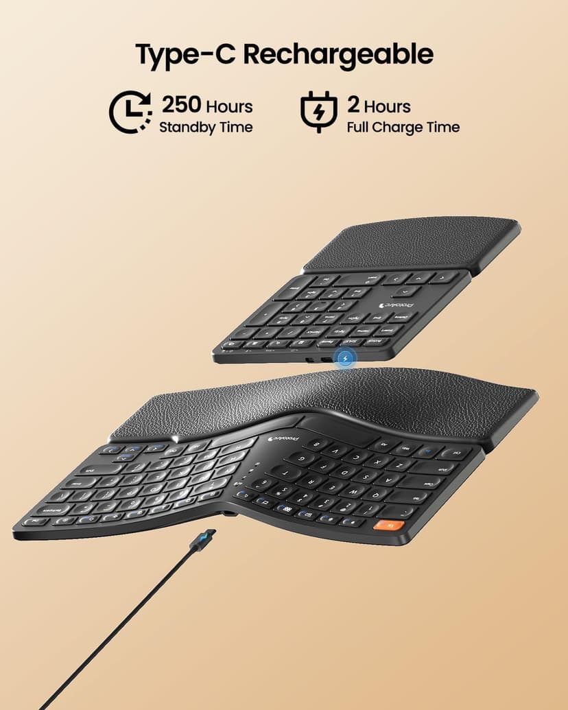 ProtoArc Wireless Ergonomic Keyboard, EK04 2.4GHz Wireless Ergo Keyboard with Separate Numeric Keypad, Split Design, Wrist Rest, Rechargeable, for Windows, Desktop, PC, Laptop