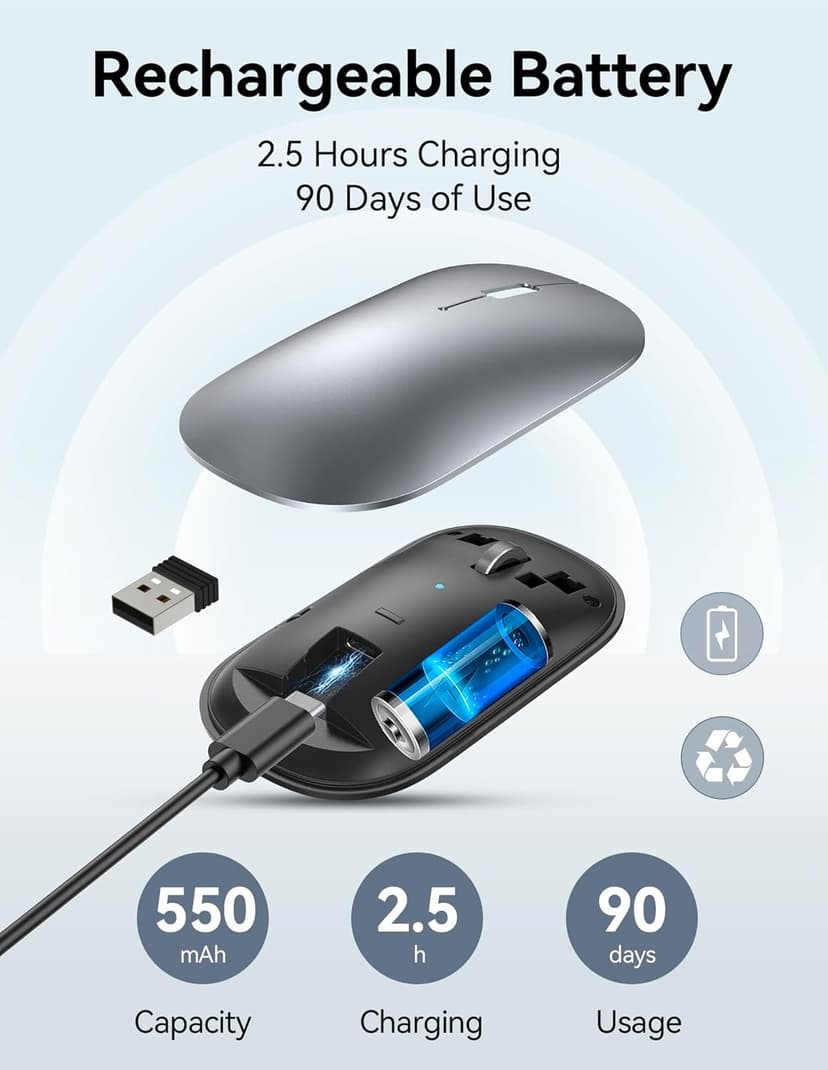 TECKNET Wireless Mouse, BT5.0/3.0 2.4GHz Silent Computer Mouse with USB Receiver,4000DPI Rechargeable Portable Bluetooth Mouse for Laptop/MacBook/Pro/iPad/Windows