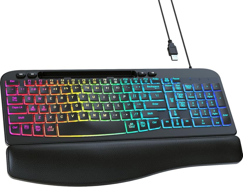 Ergonomic Backlit Keyboard with Wrist Rest, 7 Colors USB Wired Computer Keyboard, Wave Keys, with Phone/Tablet Holder, Comfortable Lighted Keyboard for PC, Windows and Mac