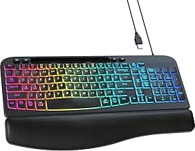 Ergonomic Backlit Keyboard with Wrist Rest, 7 Colors USB Wired Computer Keyboard, Wave Keys, with Phone/Tablet Holder, Comfortable Lighted Keyboard for PC, Windows and Mac