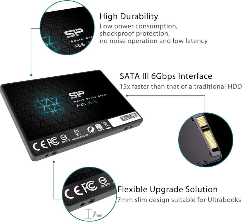 SP Silicon Power 4TB SSD 3D NAND A55 SLC Cache Performance Boost SATA III 2.5'' 7mm (0.28'') Internal Solid State Drive (SP004TBSS3A55S25)